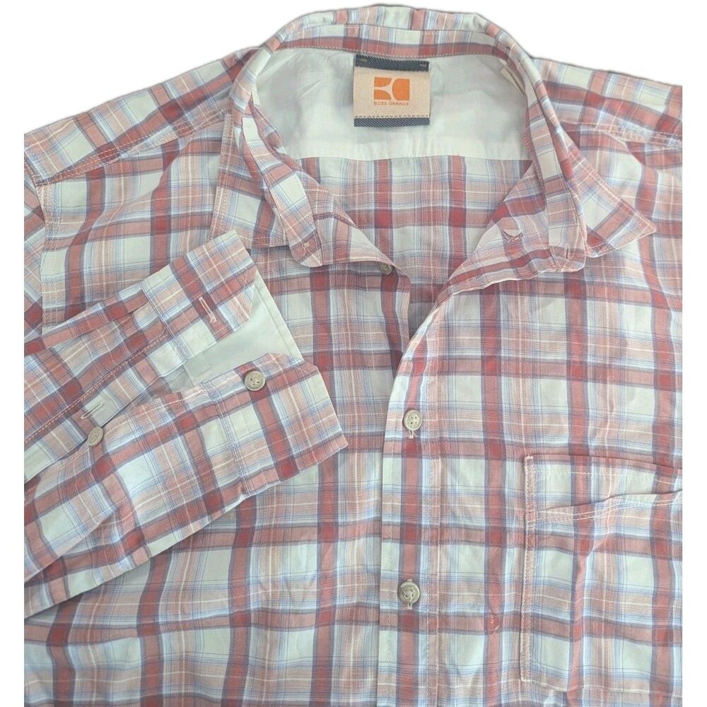 Hugo‎ Boss Orange Label Mens Size Medium Plaid Orange L/S Button Up Shirt